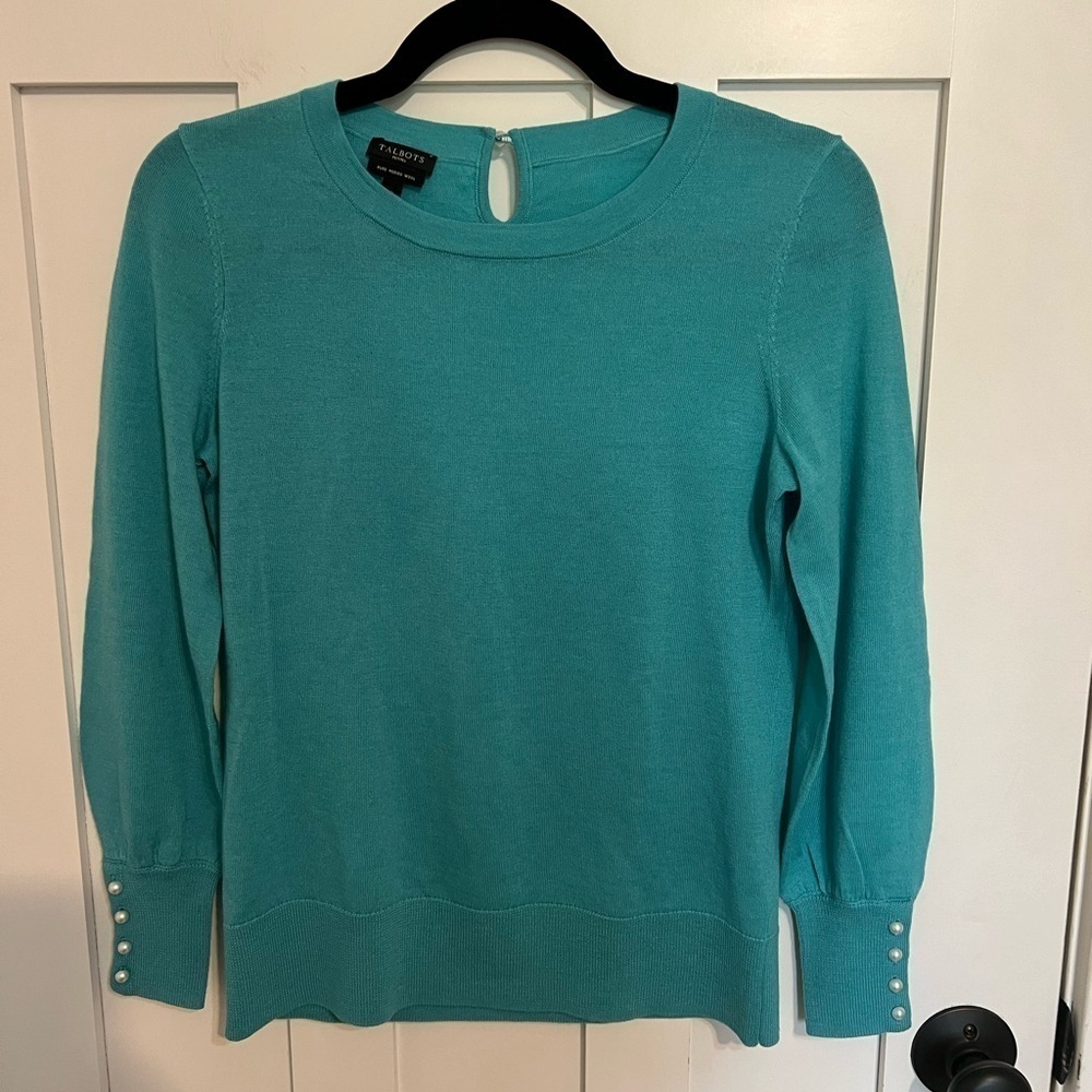 Talbots 100% Merino Wool Teal Crew Neck Sweater Pearl Beads Size Small petite